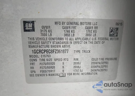 2015 Chevrolet Silverado 1500 Ls z USA, uszkodzony, nr VIN 1GCRCPEC8FZ361877